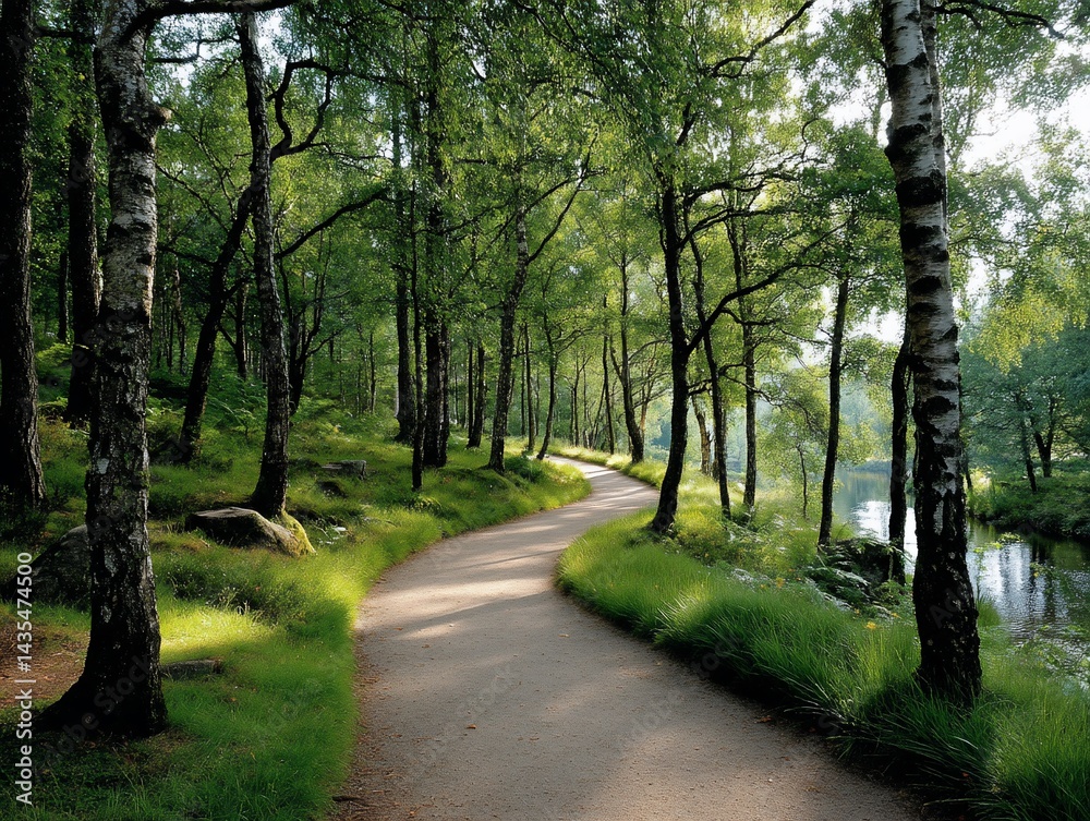 Forest path winds through birch grove near stream Forest path winds through birch grove near stream