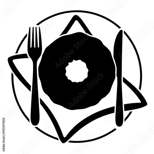 Silhouette of donut with fork and knife on plate, National Donut Day