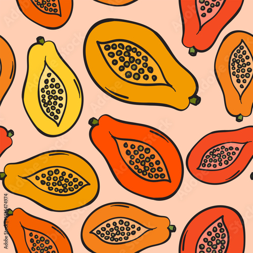 Hand-Drawn Colorful Papaya Art Design Seamless Pattern