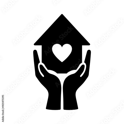 Silhouette of hands holding home icon with heart, World Refugee Day
