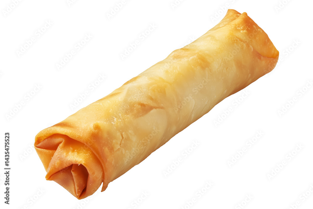 Crispy golden spring roll with flaky texture shown isolated on white transparent background, representing Asian cuisine snack concept Crispy golden spring roll with flaky texture shown isolated on white transparent background, representing Asian cuisine snack concept