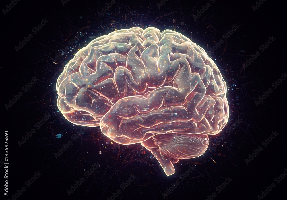 Glowing Digital Brain: 3D Render of Human Brain with Neural Network Connections Glowing Digital Brain: 3D Render of Human Brain with Neural Network Connections