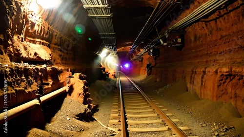 Illuminated underground tunnel with rail tracks, red rock walls and overhead cables in mining site

