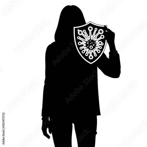 Silhouette defending against virus particles with shield, health protection