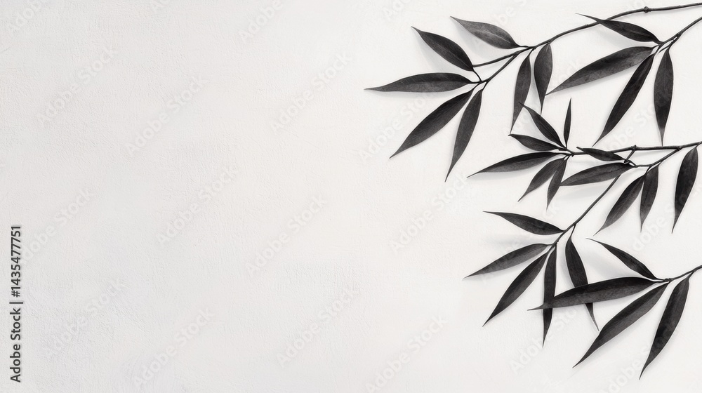 Naklejka premium A black and white image of a branch with leaves.
