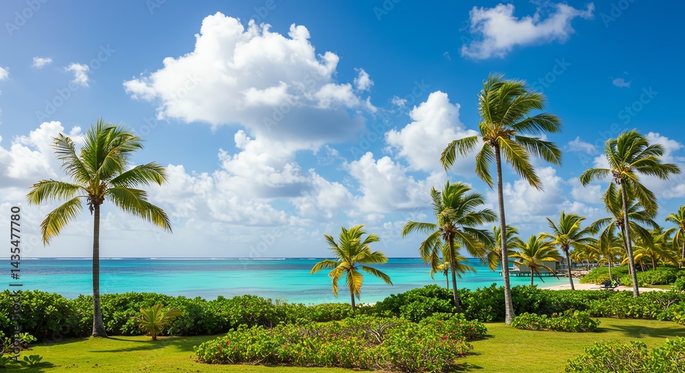 Fototapeta premium Palm Trees Overlooking Turquoise Ocean Water Under Cloudy Sky