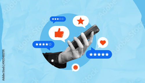 Hand holding phone with customer review icons and rating stars on blue background.