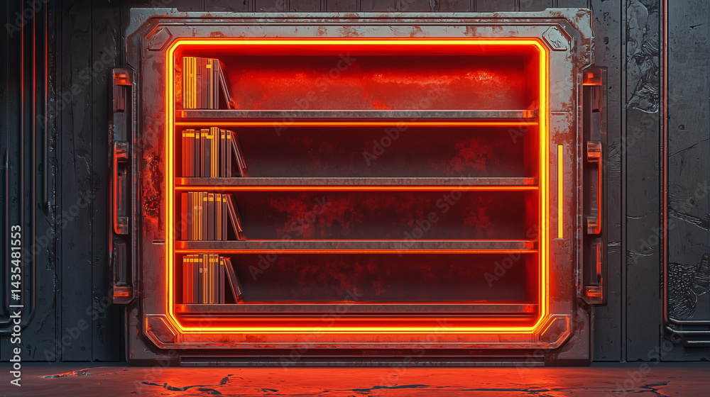 Obraz premium Sci fi style bookshelf with orange neon glow, metal textures, and minimal futuristic interior design