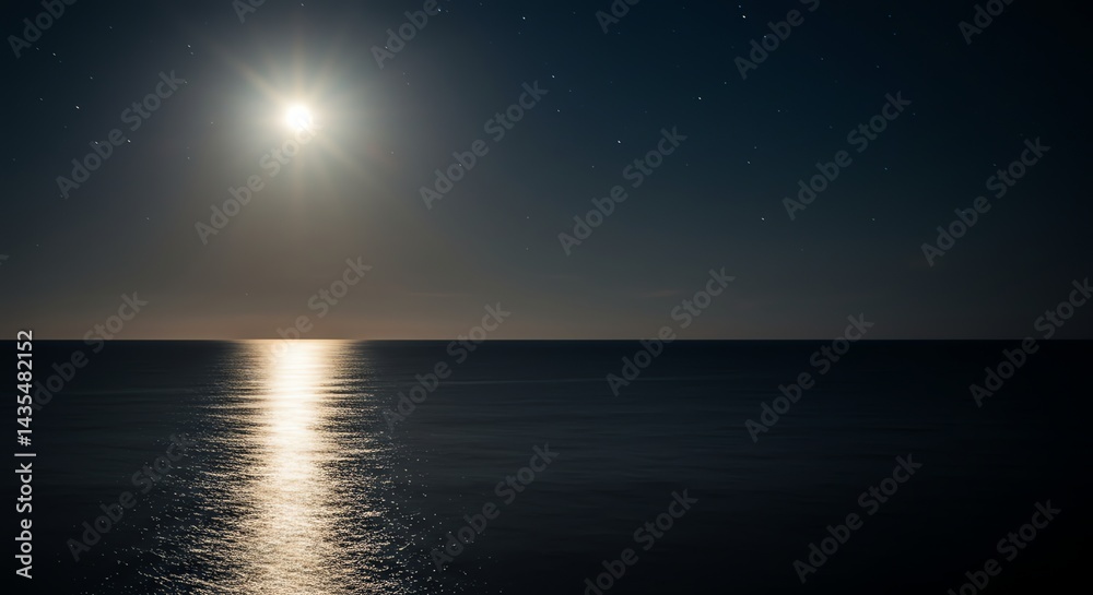 Shining Light Reflection on Dark Ocean Waters Under Starry Night Shining Light Reflection on Dark Ocean Waters Under Starry Night