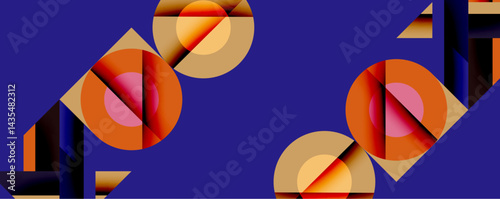 Abstract geometric composition. Overlapping circles, rectangles create dynamic visual interest. Warm tones contrast with deep blue background. Modern design elements present.