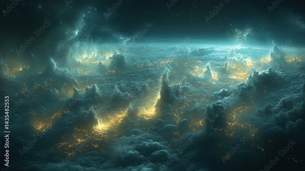 Obraz premium Celestial landscape of luminous, misty clouds in space.