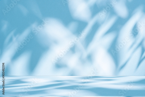 Wall interior background, studio and backdrops show products. with soft light shadow from window color blue and white. background for text insertion and presentation of product	
