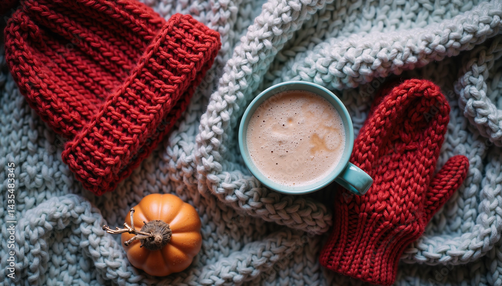 Cozy fall arrangement with red knit accessories, warm drink, and pumpkin on a soft blanket Cozy fall arrangement with red knit accessories, warm drink, and pumpkin on a soft blanket