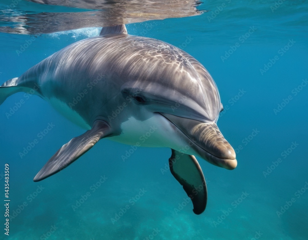 Fototapeta premium A dolphin swimming in the ocean with its mouth open