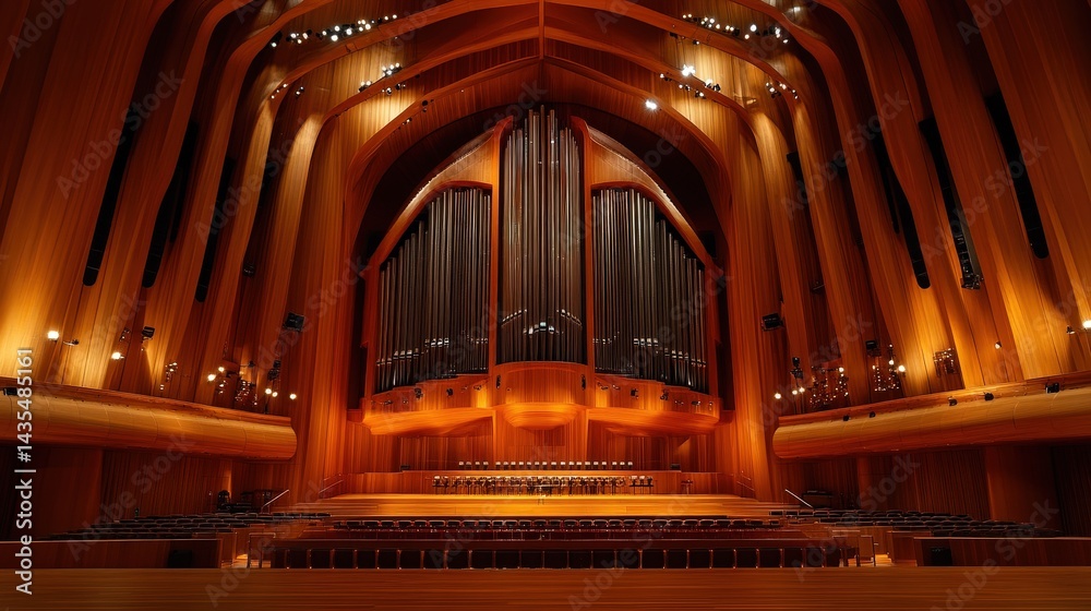 Obraz premium Ornate wooden pipe organ in a grand concert hall.
