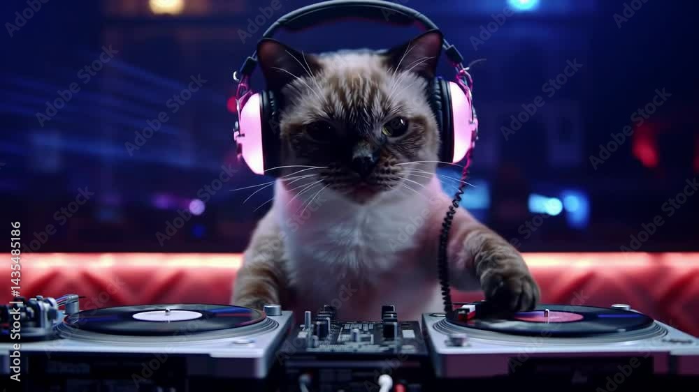 Cool Siamese Cat DJ Wearing Headphones Mixing Music on Turntables
