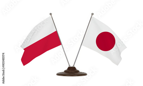 Table Flags of Japan and Poland on White Background

