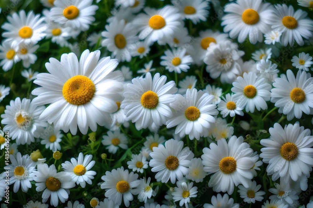 デイジーの花畑 白い花びらと黄色の中心部のクローズアップ 緑の葉の背景 自然光 デイジーの花畑 白い花びらと黄色の中心部のクローズアップ 緑の葉の背景 自然光
