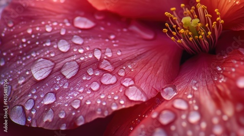 Close up of a wet red flower with glistening water droplets