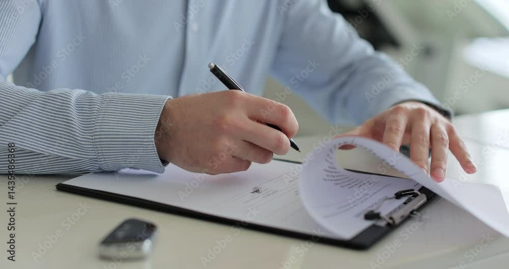 Close up of man buying a car and signing the contract, car in the background. Man signing document, concluding rent agreement, guy buying car. Concept of car shopping, buying, and dealership.