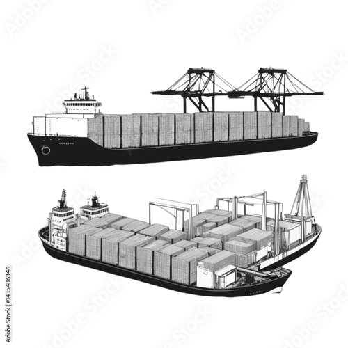 Cargo Ship Silhouette Vector – Maritime Transport Icons for Logistics and Shipping Design
