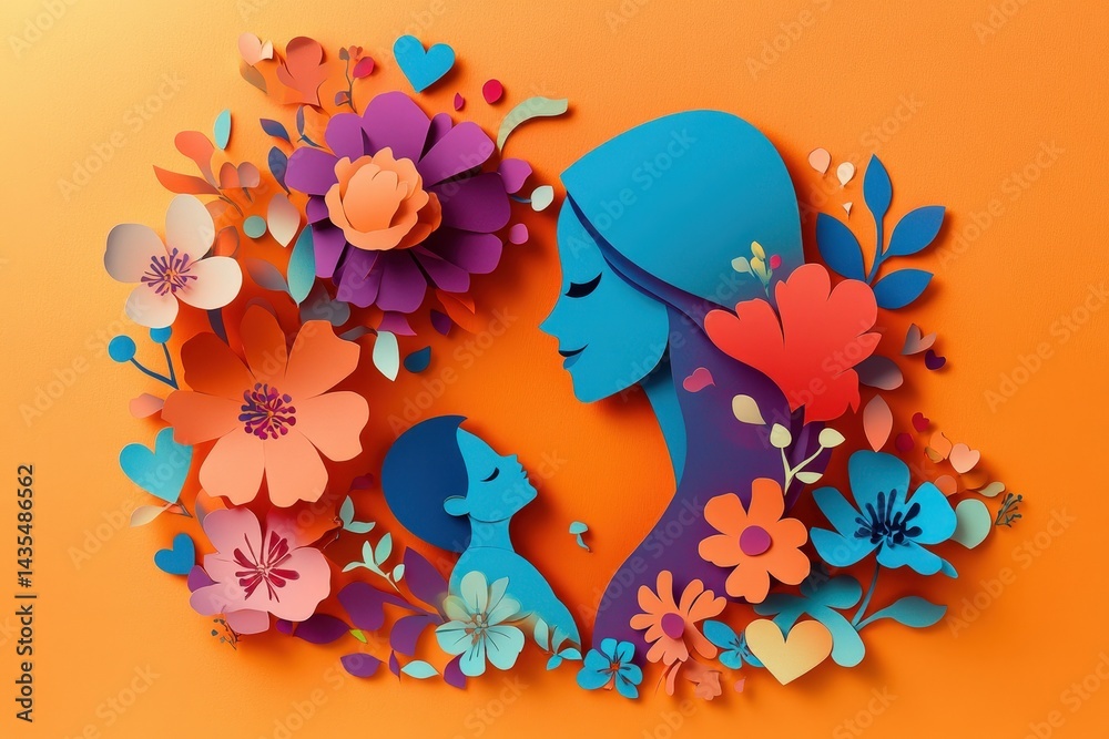 Colorful paper cutouts depicting a mother and child surrounded by flowers. Colorful paper cutouts depicting a mother and child surrounded by flowers.