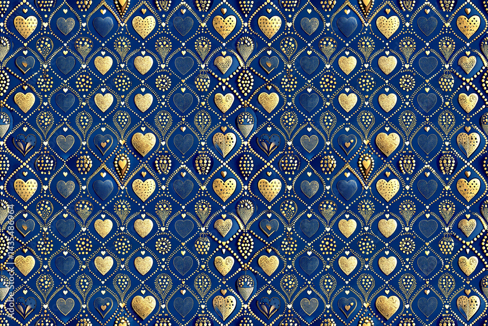 Luxurious festive blue and gold seamless pattern of hearts encrusted with sparkles and decorative elements on a bright shining background
