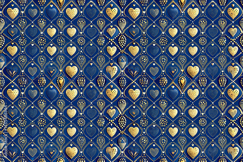 Obraz na płótnie Luxurious festive blue and gold seamless pattern of hearts encrusted with sparkles and decorative elements on a bright shining background w salonie