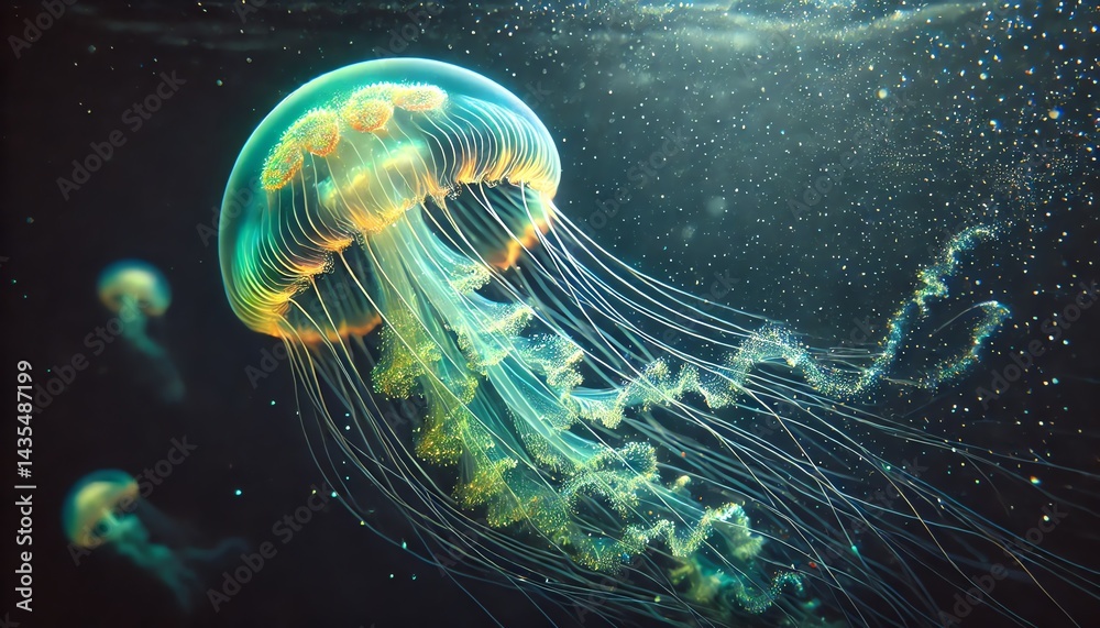 Fototapeta premium An jellyfish swimming in the ocean underwater with bioluminescent blue light