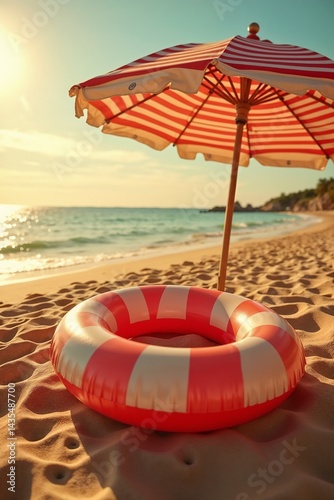 Colorful beach scene with striped umbrella and lifebuoy on sandy shore