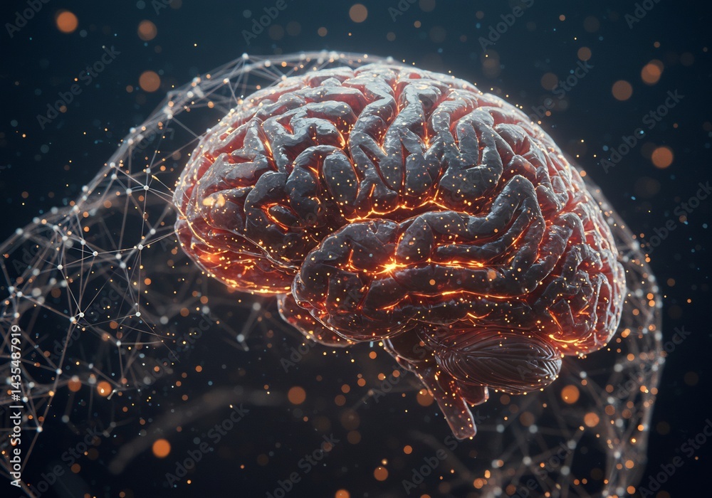 Fototapeta premium Glowing Human Brain Neural Network 3D Rendering