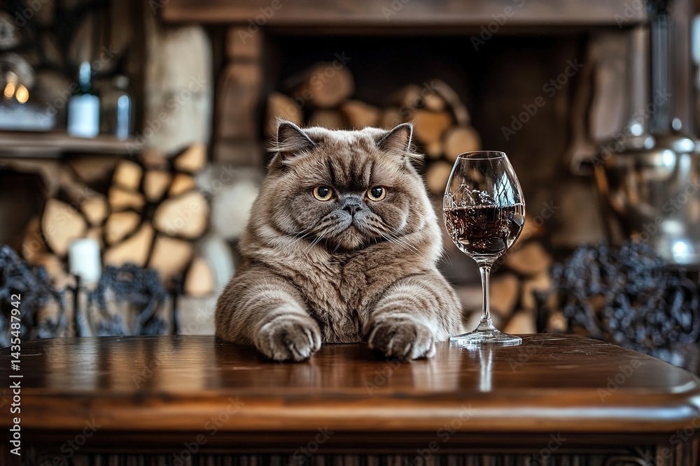 Serious fluffy gray cat with orange eyes sits at a wooden table next to a glass of red wine against a cozy fireplace background with firewood, creating a comical and unusual atmosphere