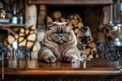 Obraz na płótnie Serious fluffy gray cat with orange eyes sits at a wooden table next to a glass of red wine against a cozy fireplace background with firewood, creating a comical and unusual atmosphere w salonie