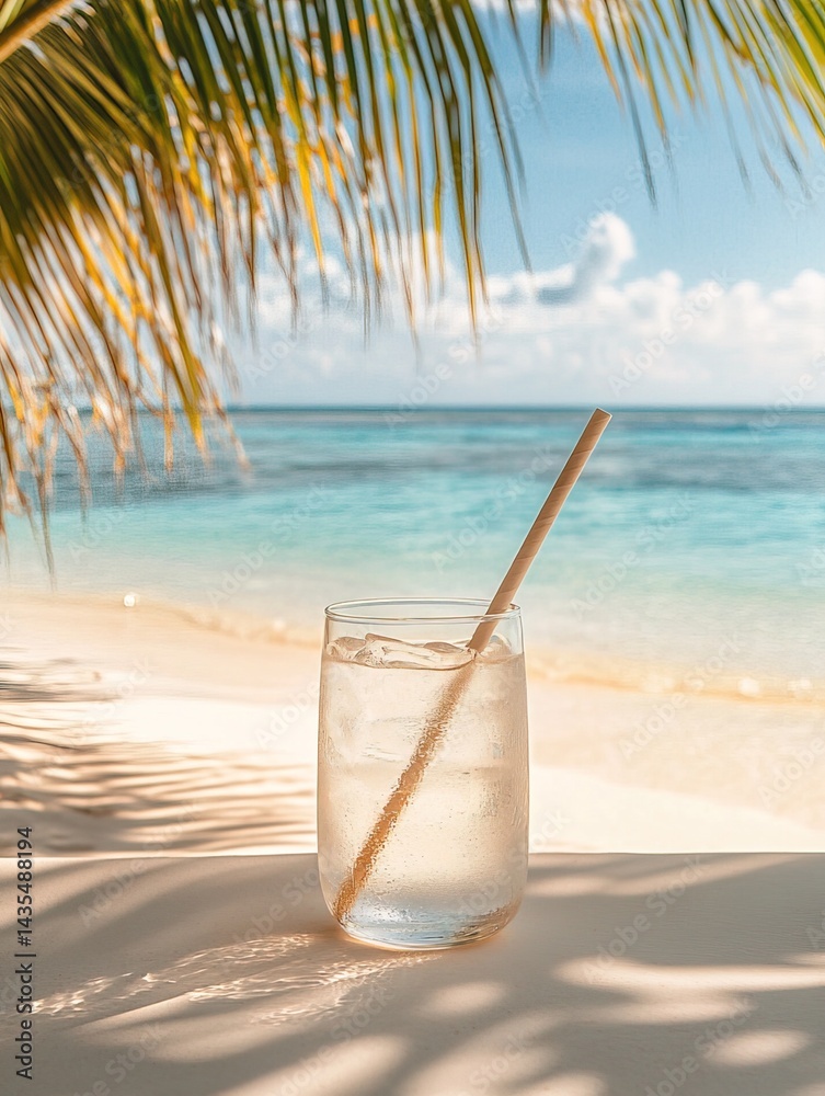 Refreshing tropical cocktail in a tall glass with ice, a straw, and mint leaves on a wooden surface against a blurred beach background with blue water and sky, under a palm leaf