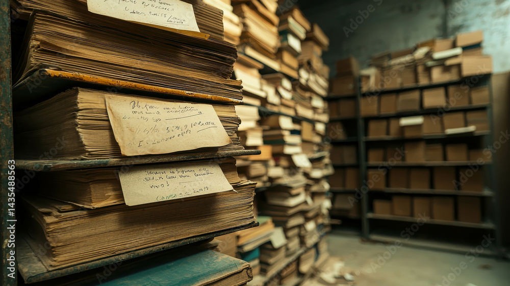 Abandoned Archive Room with Stacked Files and Dusty Conditions in a Vintage Storage Space Abandoned Archive Room with Stacked Files and Dusty Conditions in a Vintage Storage Space