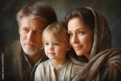 Obraz na płótnie Holy Family: Mary, Joseph and baby Jesus together in a peaceful atmosphere on a blurred light background, symbolizing love w salonie