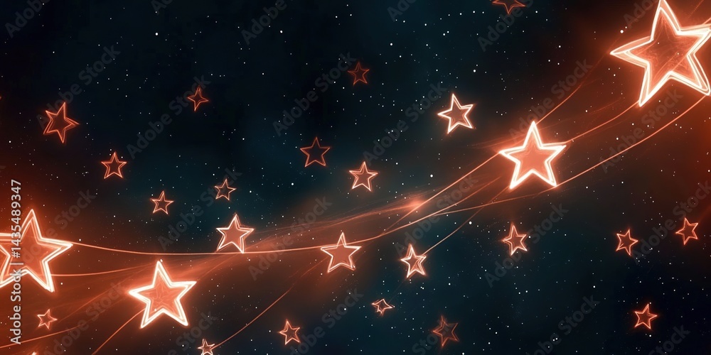 Neon star background with glowing star outlines and wavy light lines on a dark cosmic background with small stars, creating a modern, festive, and futuristic atmospher