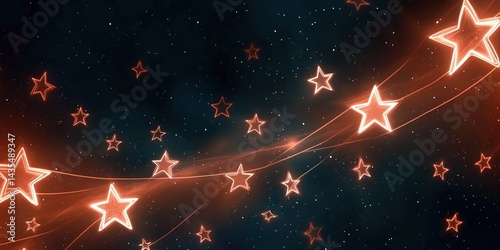 Obraz na płótnie Neon star background with glowing star outlines and wavy light lines on a dark cosmic background with small stars, creating a modern, festive, and futuristic atmospher w salonie