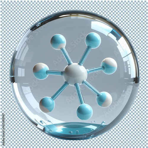Molecule Inside Water Bubble, 3D Rendering, Isolated on Transparent png Background