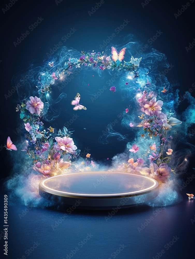 a golden arch entwined with blue and pink flowers, surrounded by clouds of smoke and fluttering butterflies, on a round pedestal with neon lighting against a dark blue background