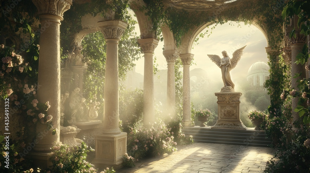 Angel in a misty sanctuary: a white marble statue of an angel with raised wings stands on a pedestal surrounded by classical columns draped in greenery, bathed in soft misty light