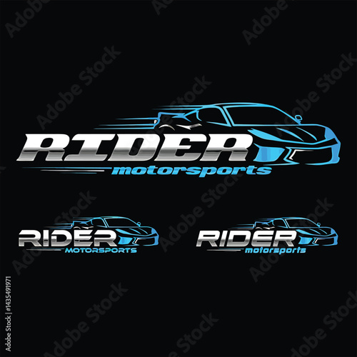 A fast vector sport race car illustration depicts a speedy auto vehicle with racing wheels, logo