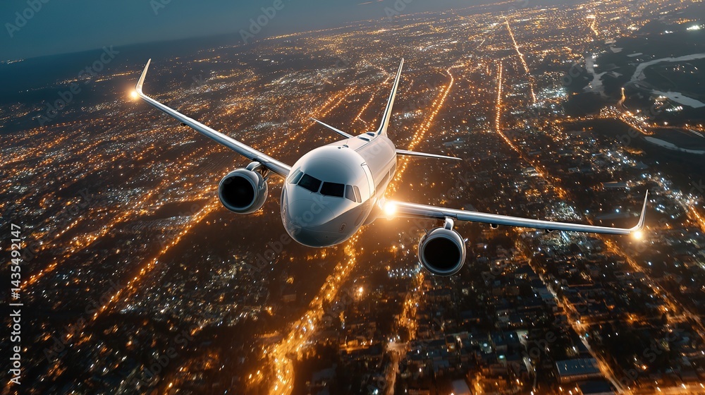 image of a large passenger plane flying over a night city with bright lights of streets and buildings, two powerful engines with headlights visible under the wings