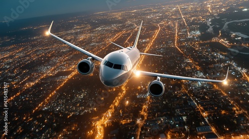 image of a large passenger plane flying over a night city with bright lights of streets and buildings, two powerful engines with headlights visible under the wings
