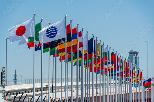 International Flags flying high against clear sky at the Entrance of Expo 2025 Osaka