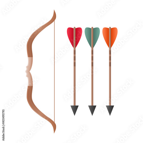 Wooden Bow and Arrow Vector on White Background. Archery Tools. Hunting Tools. Simple Wooden Bow.