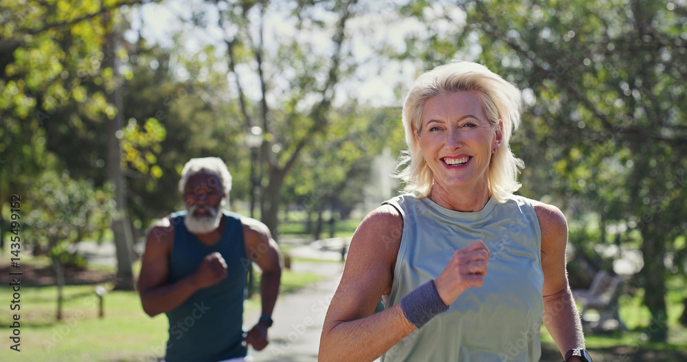 Fitness, senior couple and running in park for wellness, cardio exercise and training in retirement. Interracial people, elderly and outdoor for workout with support, happiness or friends with energy Fitness, senior couple and running in park for wellness, cardio exercise and training in retirement. Interracial people, elderly and outdoor for workout with support, happiness or friends with energy