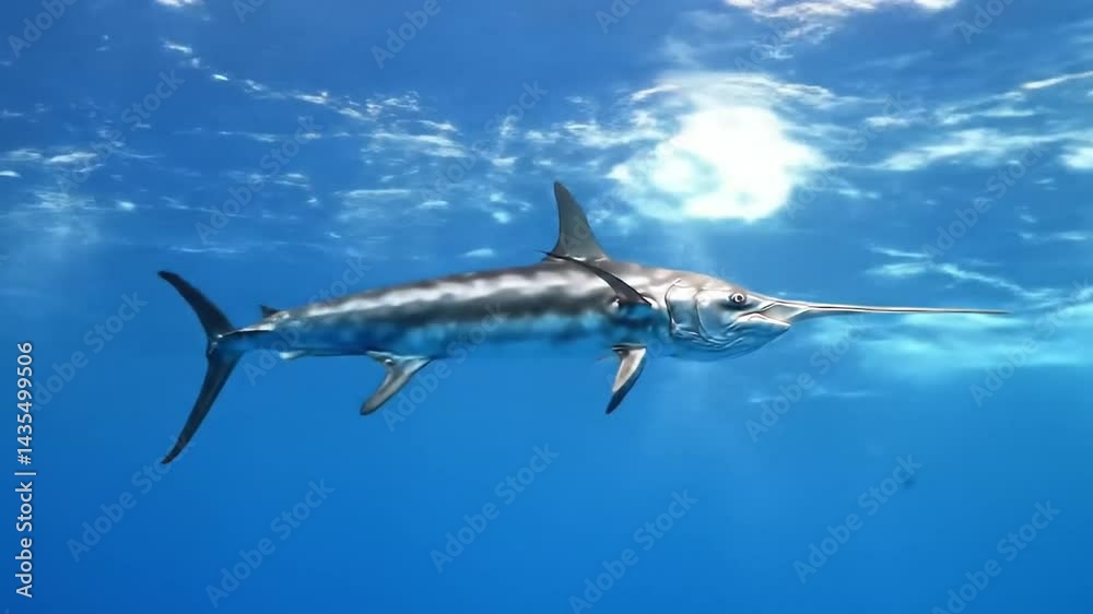 Striped marlin glides beneath sun-dappled surface, deep blue ocean, underwater view. Striped marlin glides beneath sun-dappled surface, deep blue ocean, underwater view.