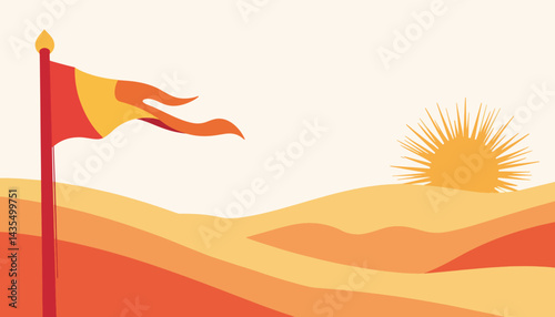 Vibrant festival flag waving in geometric desert landscape at sunset, celebration