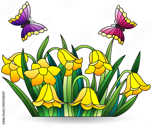 Stained glass illustration with bouquet of bluebell flowers, isolated on a white background